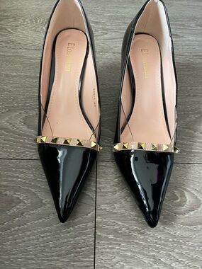Black Patent Pointed Toe Heels with Gold Stud Trim